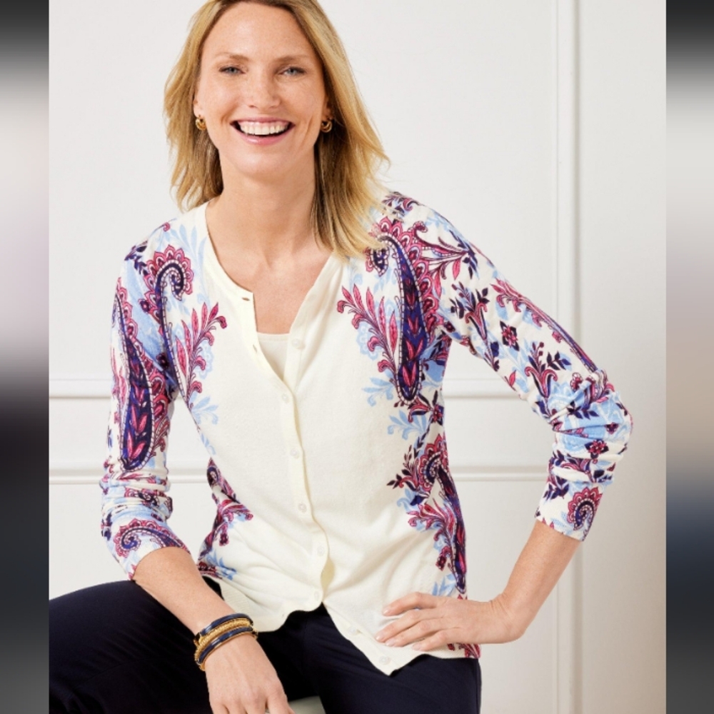 🆕Talbots Charming Cardigan Shadow Paisley Cardigan Ivory Purple Blue Size Large